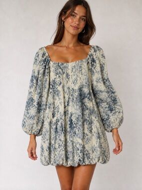 NWT H.A.H Ha Huong Blue Toile Puff Sleeve Puff Hem Mini Dress M